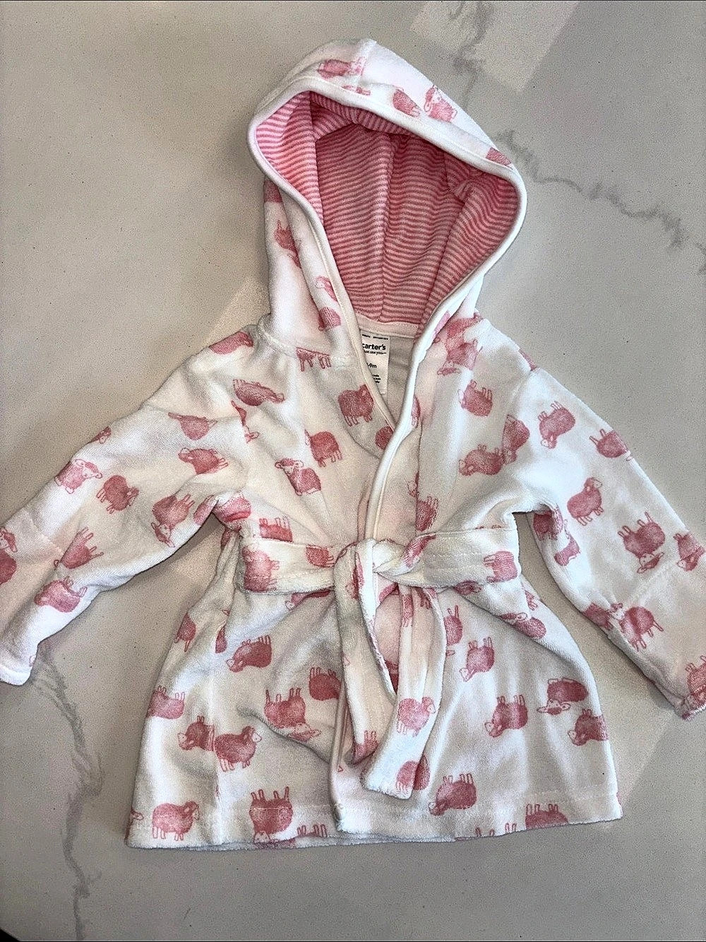 Carter's Baby Pink & White Lamb Print Terrycloth Hooded Robe 0-9M